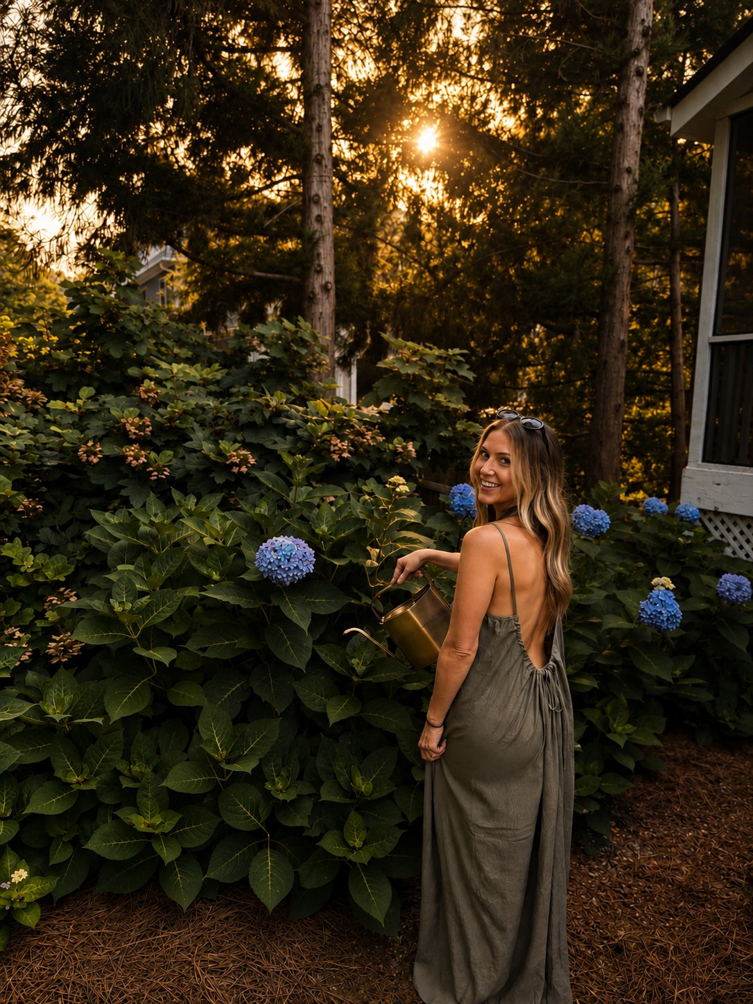 Olde Southwick founder in a hydrangea garden